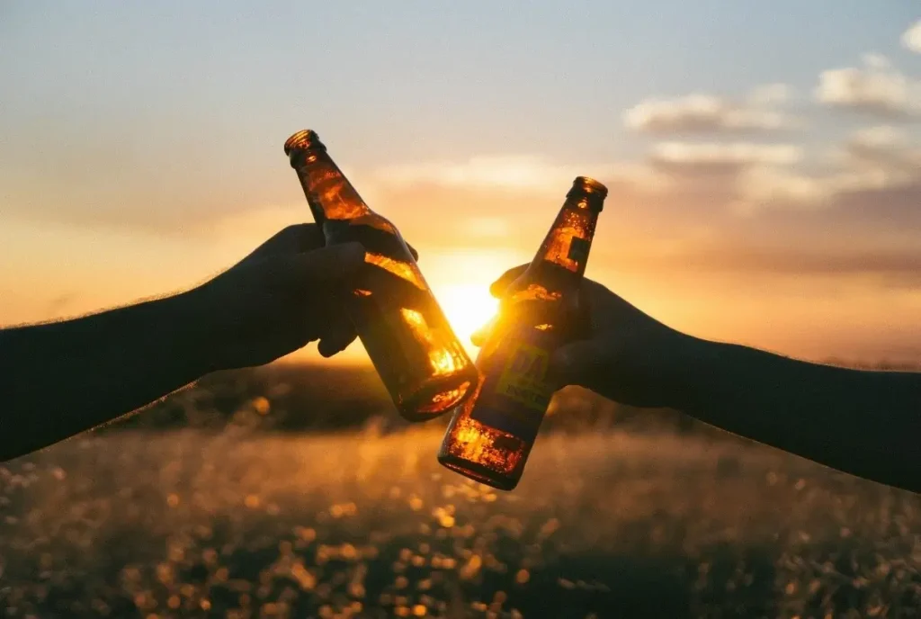Two friends ching-chinging their beers at an awesome sunset after transporting beverages to the campsite with top-of-the-line portable coolers.