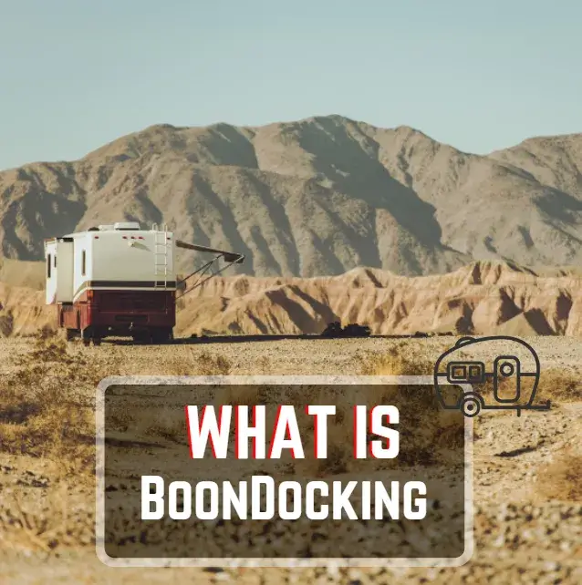 The featured image of RV Properly's "What is Boondocking? article featuring a motorhome dispersed camping in the desert.