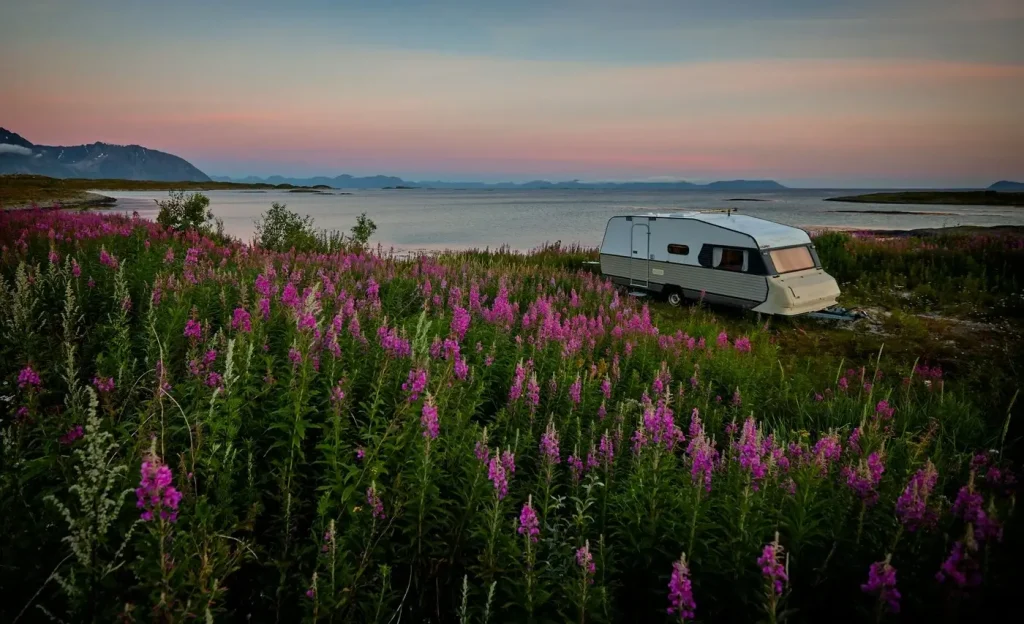 A full-time RVer living in a motorhome on their property near a vast lake and Nordic landscape.