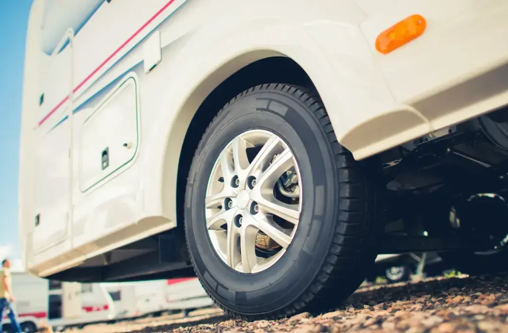 A parked motorhome's tire, fully inflated by the best RV TPMS on the market.