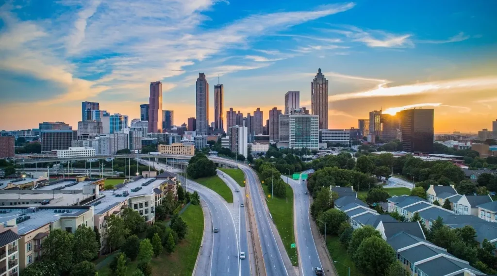 The capital city of Georgia, Atlanta, as photographed from an aerial view.