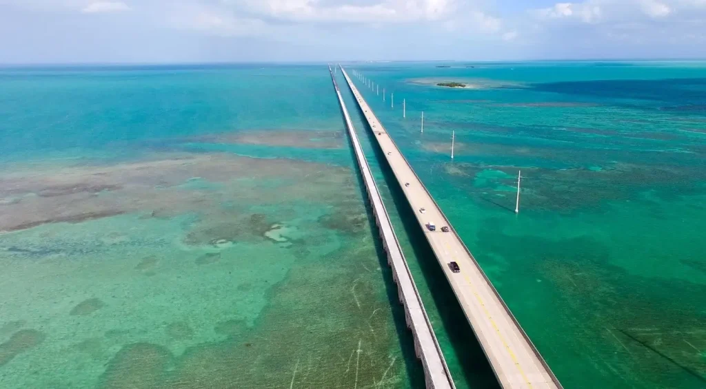 A photograph from above showing one of the Overseas Highway Bridges accessing the Florida Keys.