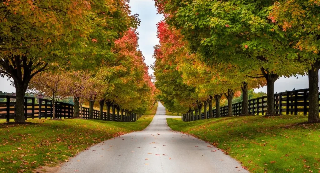 A rural alleyway running between farms in the fall deep inside Kentucky's horse country.