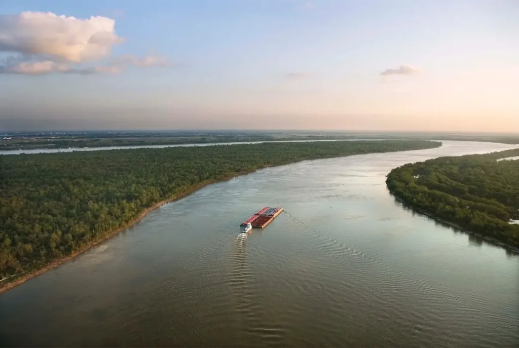 A motorized raft crusing up the Mississippi River in Louisiana photographed from a drone.