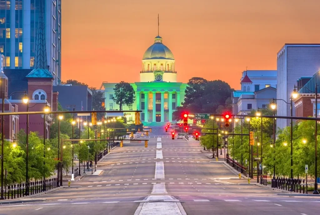 The State Capitol in Montogomery, Alabama, at sunset.