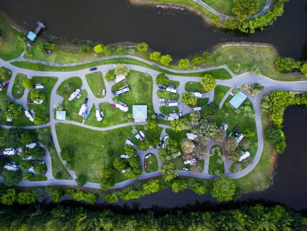 One of the best RV parks under $500 a month in Florida photographed from above with a drone.