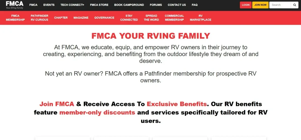 The Best Club for Full-Time RVers Homepage Screenshot: FMCA