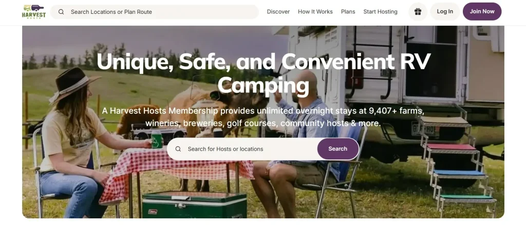 The Best RV Club for Country-Wide Alternative Stays Homepage Screenshot: Harvest Hosts