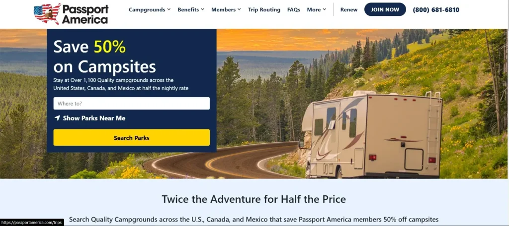 The Best RV Club for Accommodation Discounts Homepage Screenshot: Passport America