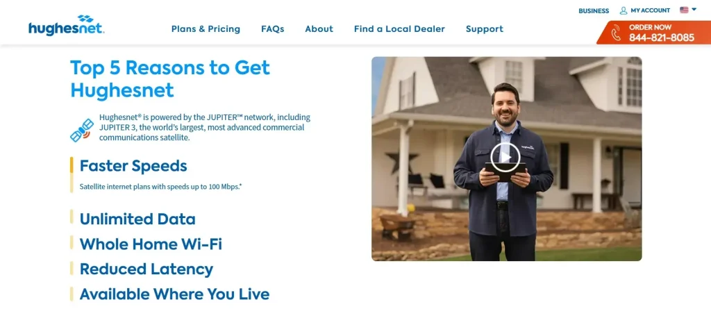 Most long-standing satellite internet option for RVs homepage screenshot: HughesNet.