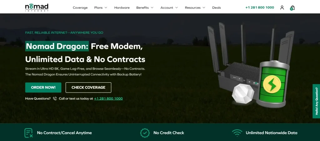 A homepage screenshot of the best satellite internet option for RVs without a contract: Nomad Internet.