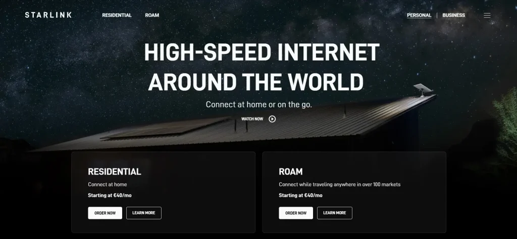 A homepage screenshot of Starlink—the best and most comprehensive RV internet option at a premium price.