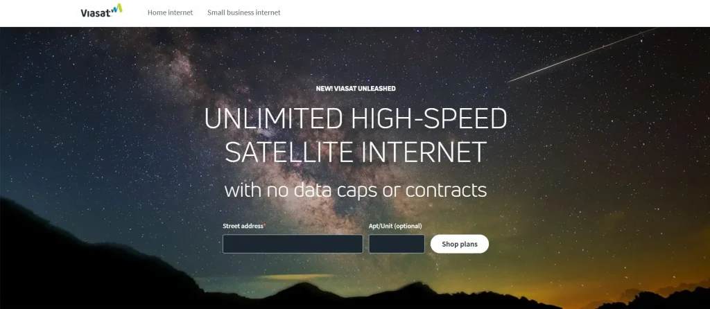 The homepage of the top satellite-based RV internet option for widespread coverage: Viasat.