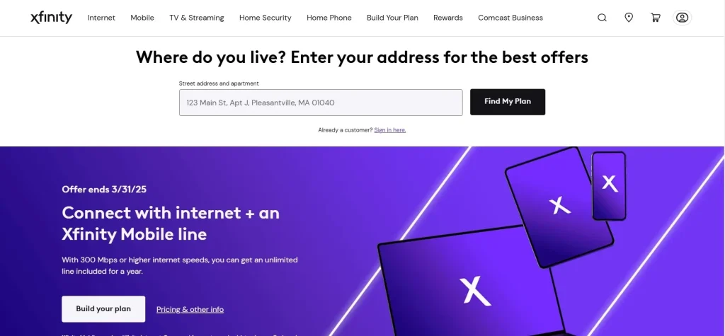 A homepage screenshot of the top WiFi hotspot internet solution for RVers: Xfinity.