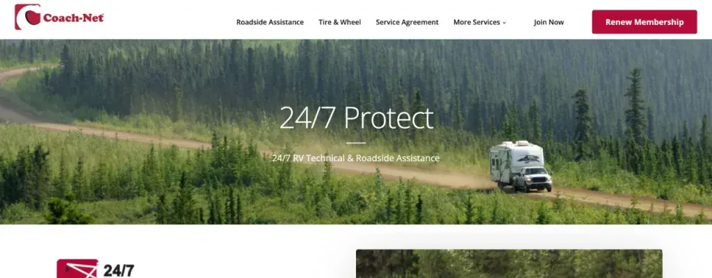 The screenshotted homepage of the RV roadside asistance plan with the best coverage: Coach-Net. 