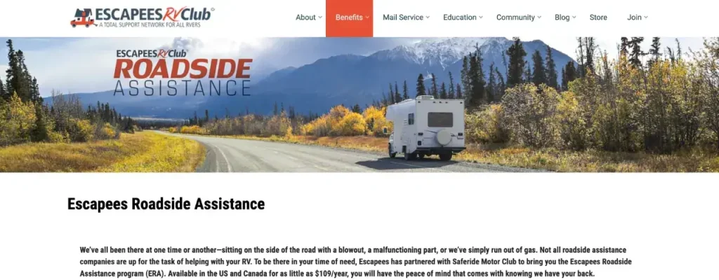 The homepage for the Escapees RV Club's Roadside Assistance—the best plan for full-time RVers.
