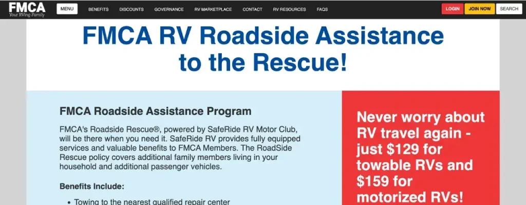 A screenshot of the FMCA's RV Roadside Assistance Plan—the premium service for RVers wanting to splurge on more bonuses