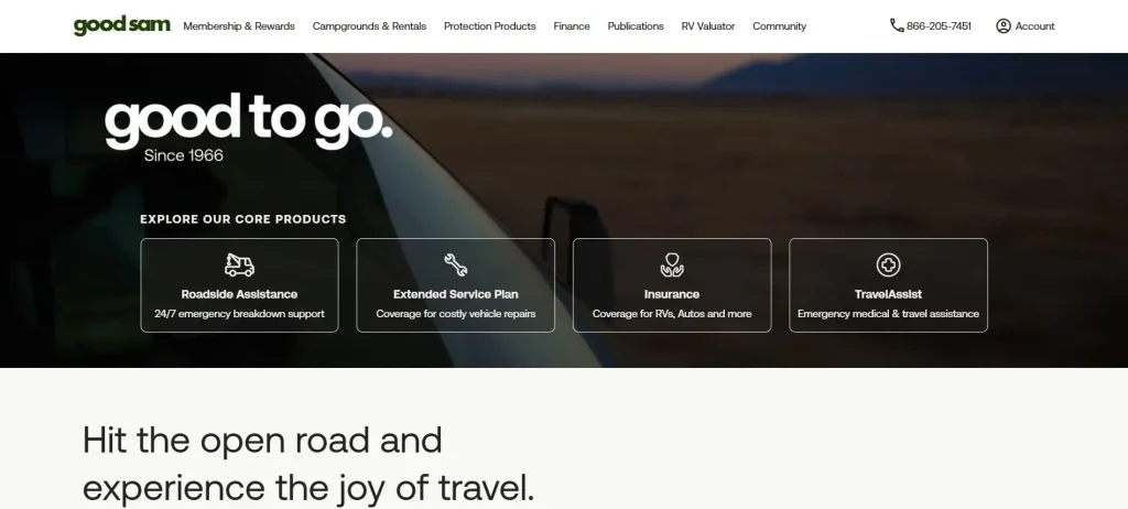 The homepage of the Good Sam company—our selected best overall roadside assistance plan for RVs—featuring a list of its services.