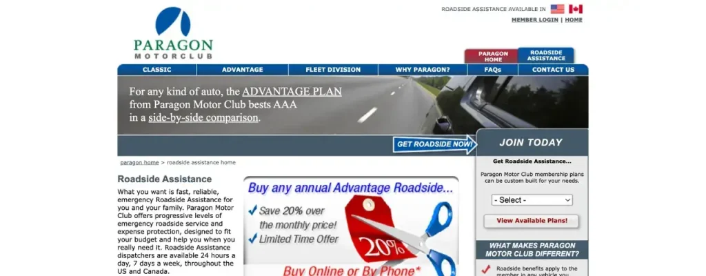 The homepage of the top budget roadside assistance plan for RVs: The Paragon Motor Club.