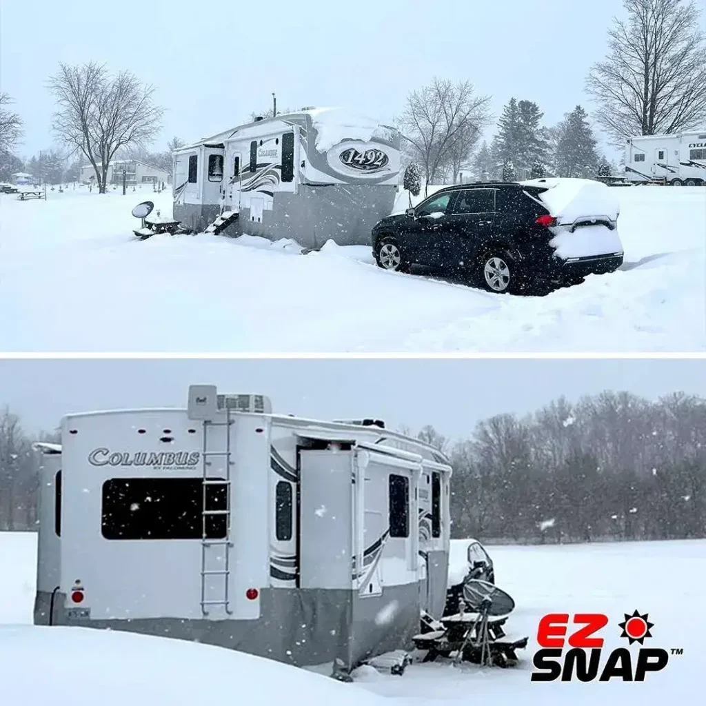 Two photos of a camping trailer setup in snowy conditions using the EZ Snap RV Skirting for winterization.