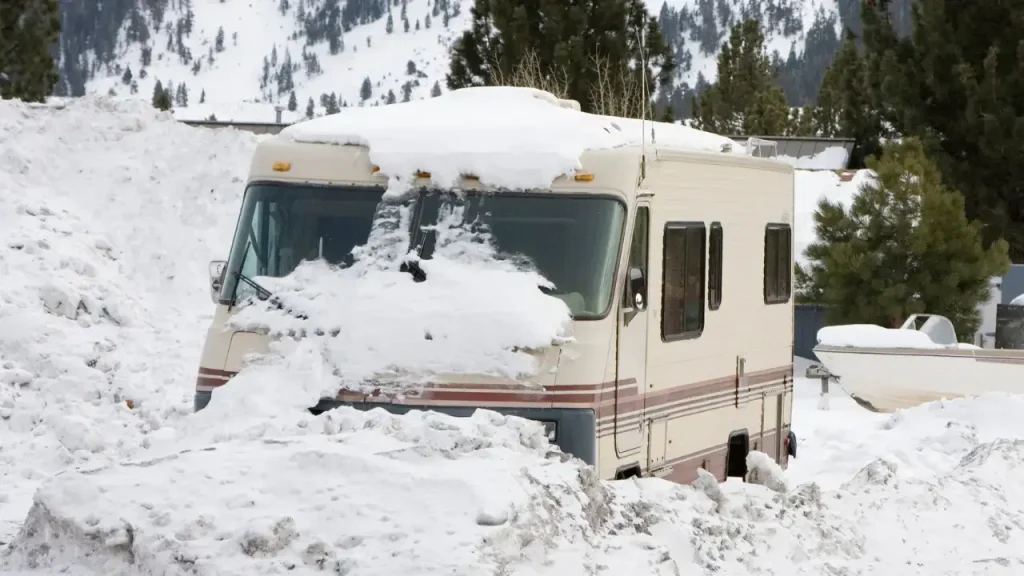 A winterized motorhome parked in deep snow using the best rv skirting for winter to stay warm.