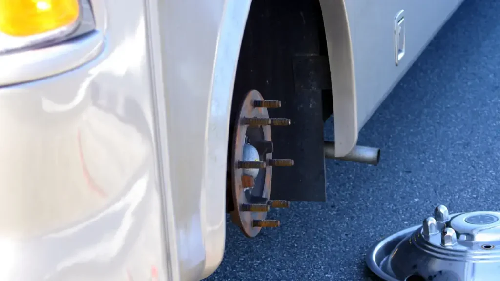 The empty wheel hub of a parked motorhome after swapping of the old model for one of the best RV tires on the market.