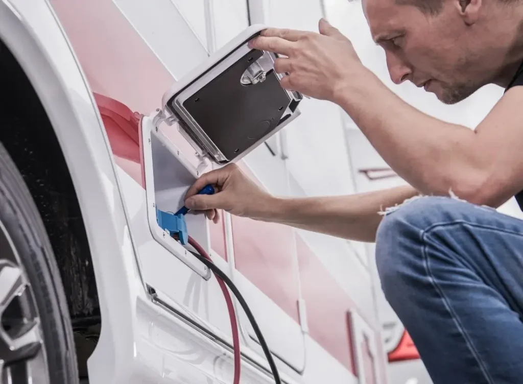 A man who bought one of the best RV batteries performs some maintenance on his rig's electronics while plugged into a powered hookup.