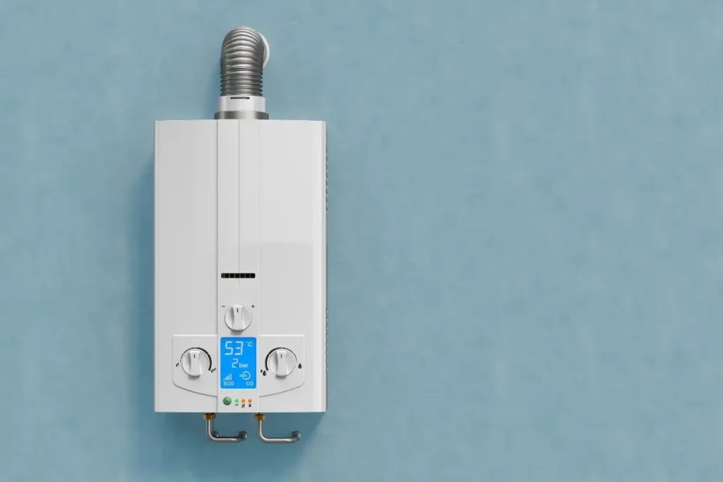 A top-of-the-line tankless water heaters mounted on a wall, demonstrating the compact design and straightforward functionality of the unit.