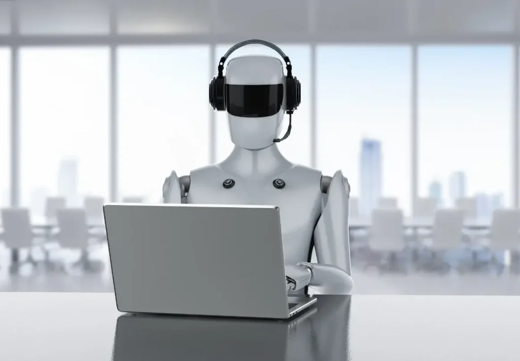 A robot with a headset and laptop performing remote customer service for a less-than-stellar warranty company.