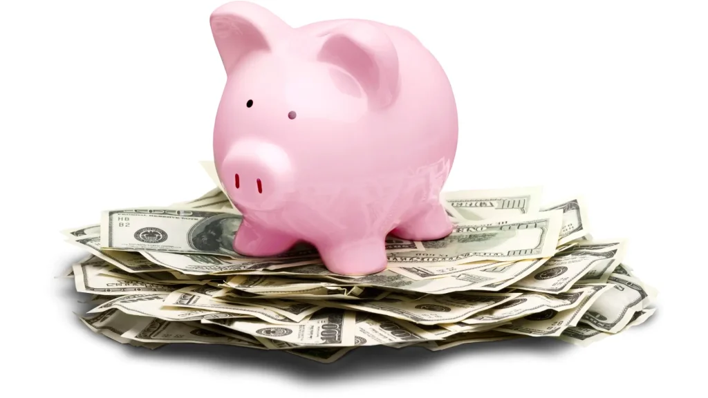 A piggy bank stand on a pile of money, representing the thriftiness required for managing the inital and ongoing costs of van conversions and ownership.