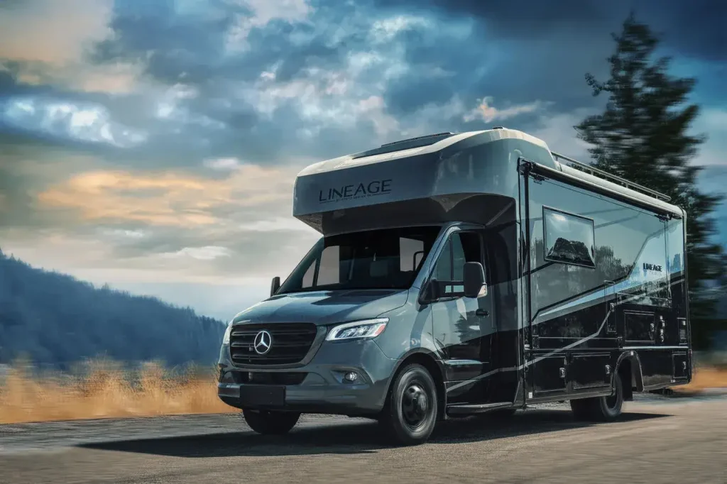 A dark grey Grand Design Class C motorhome is one of the best premium brands.