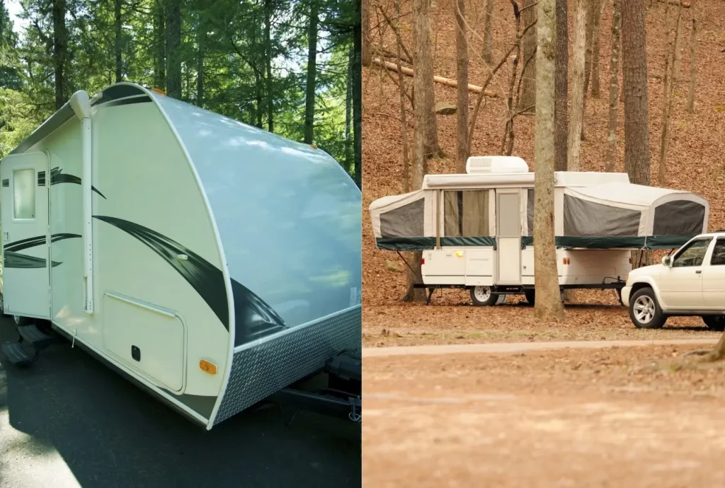 A side-by-side comparison image of a travel trailer and a pop-up camper set up in national park campgrounds.