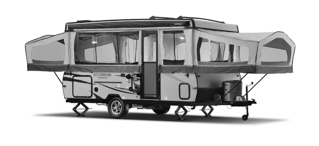 This black-and-white product image shows our choice for the best overall pop-up model, the Rockwood Premier Camper, with its bunks extended.
