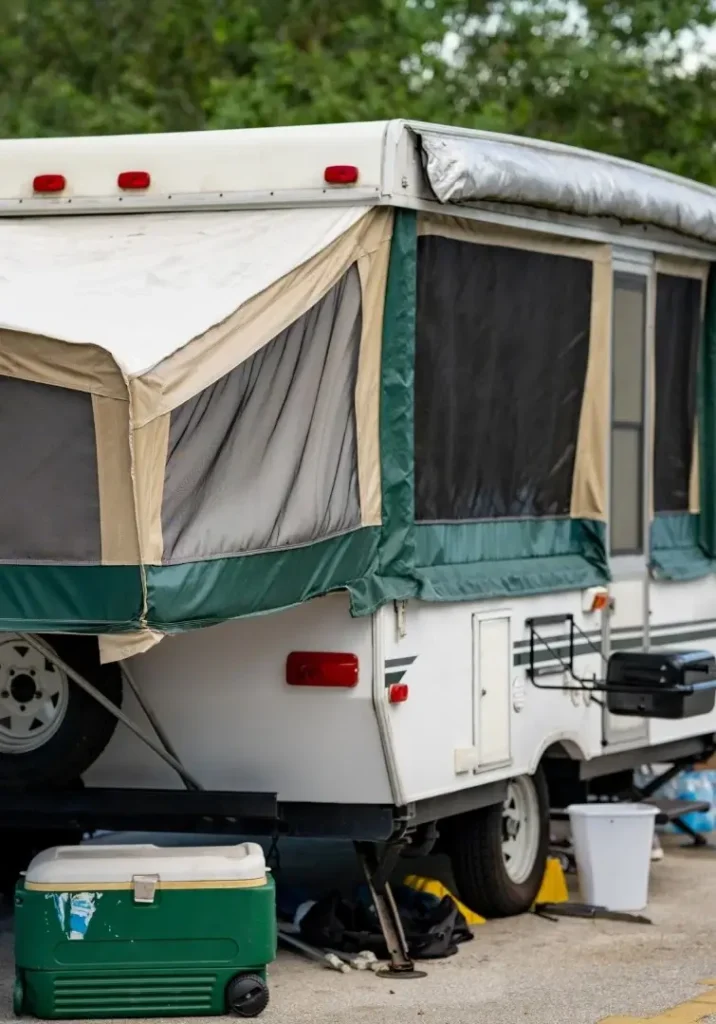 The pop-up trailer has its sleeping bunks extended and miscellaneous items strewn about, demonstrating its storage capacity.