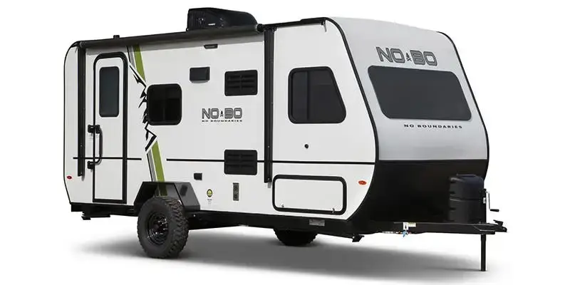 This product image of a Forest River towable, featuring a green stripe down the side, represents the travel trailer brand known for offering the best variety.