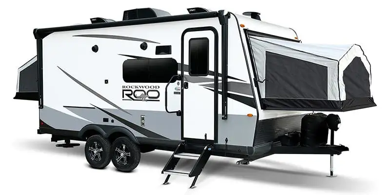 A product image of our preferred model for families, the Forest River Rockwood 17E travel trailer and tent camper hybrid.