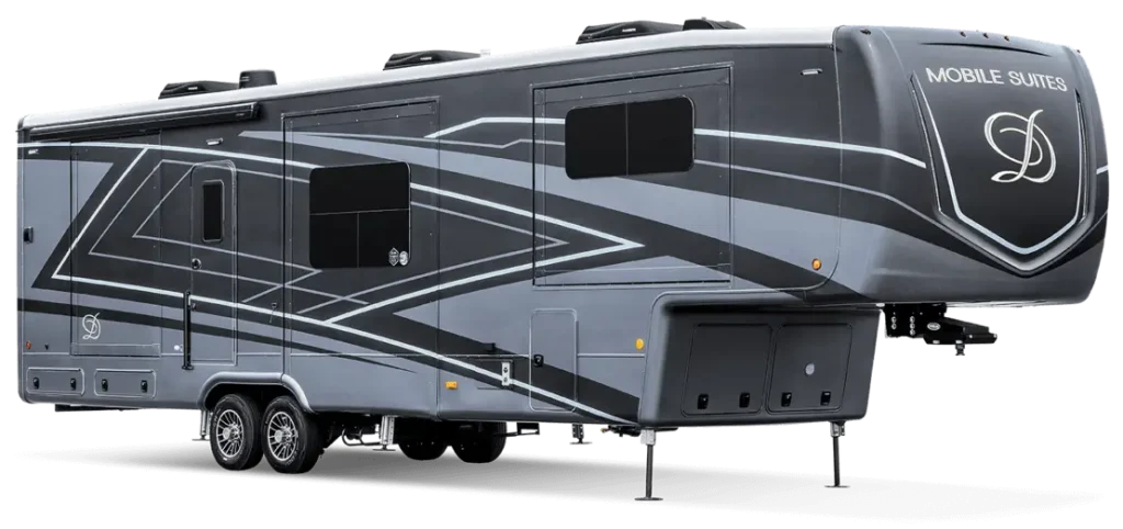This product image of a light grey DRV Luxury Mobile Suite take the top spot for best luxury fifth wheel. 