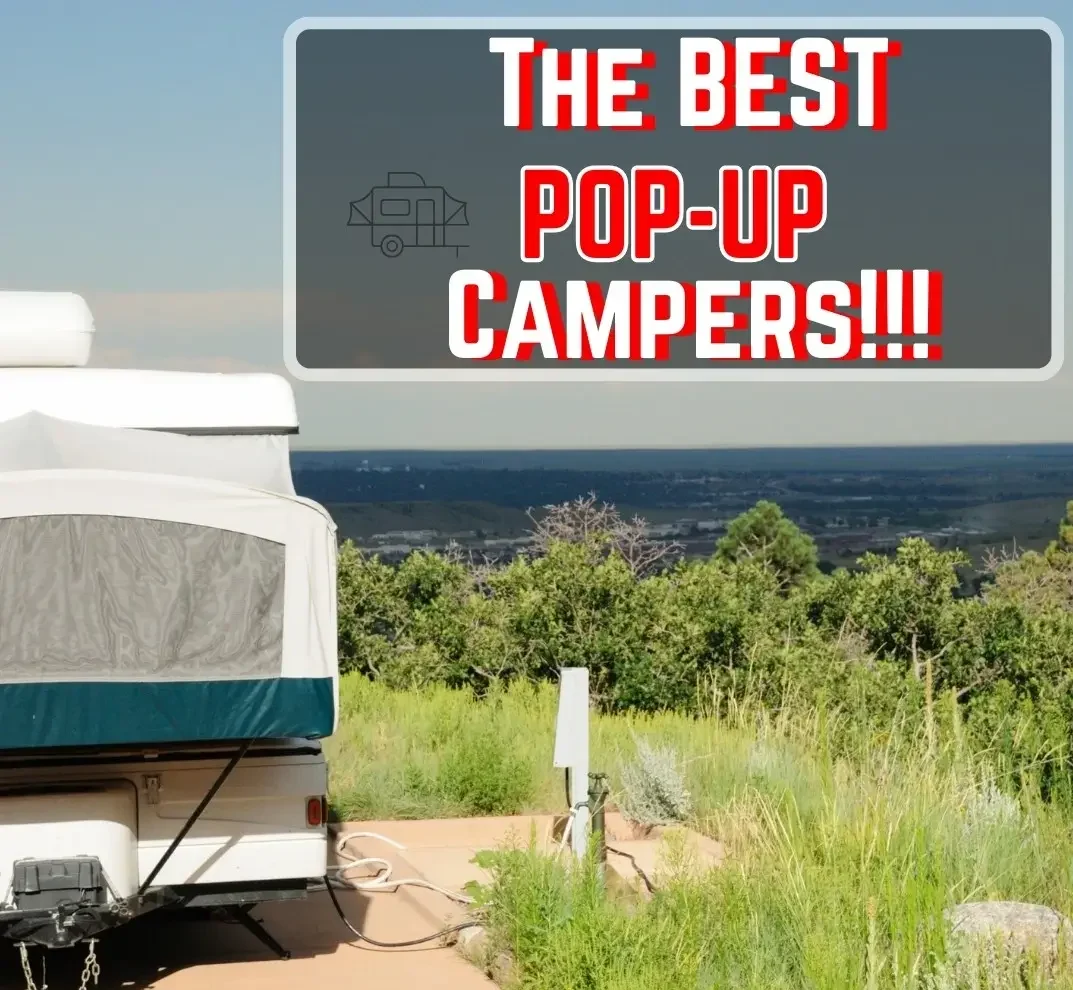 The featured image for RV Properly's "Best Pop-Up Campers" article, showing a popular model setup at a beachside campsite.