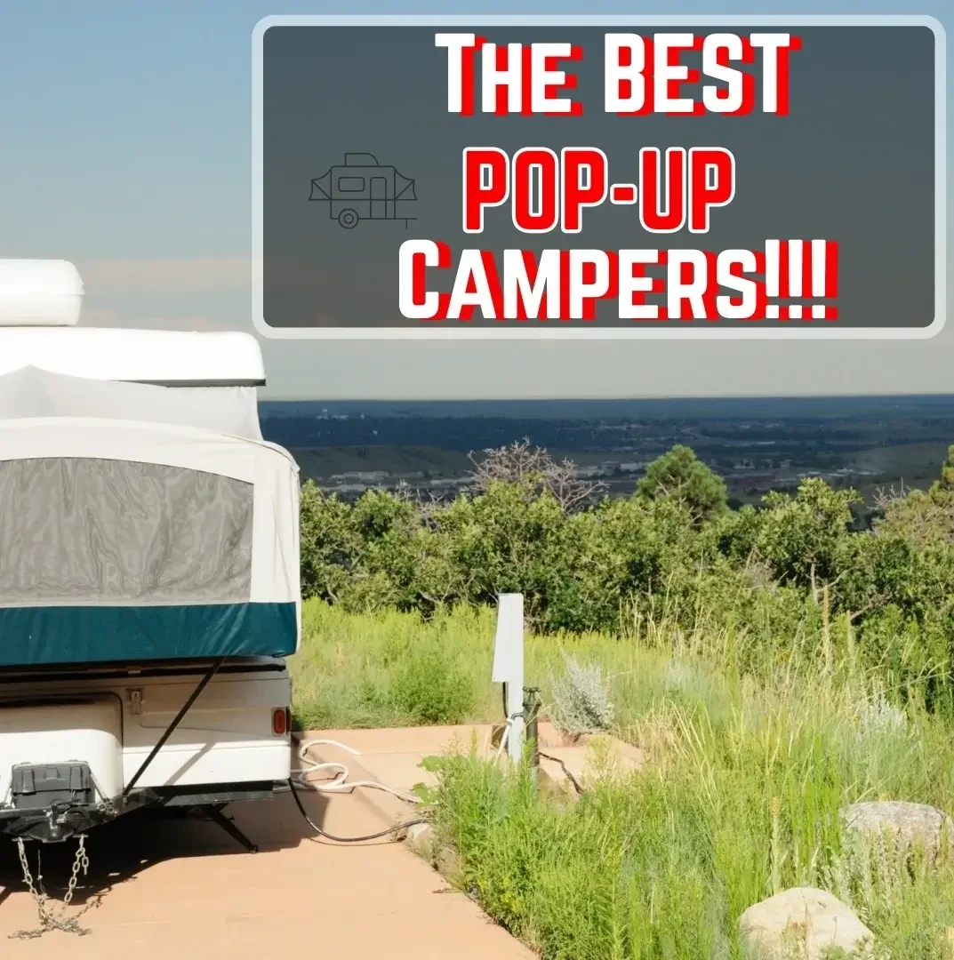 The featured image for RV Properly's "Best Pop-Up Campers" article, showing a popular model setup at a beachside campsite.