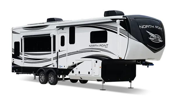 A product image of a white with black graphics Jayco North Point fifth wheel is best-in-class for quality.