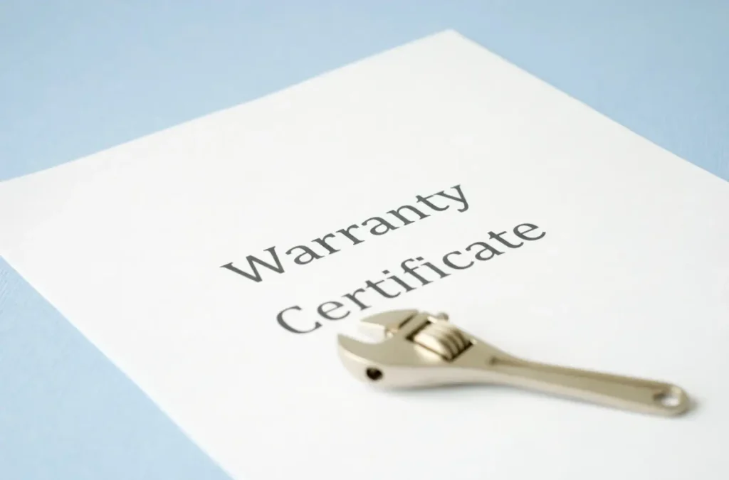 An RV warranty certificate with a wrench on top illustrates the importance of having a good warranty.
