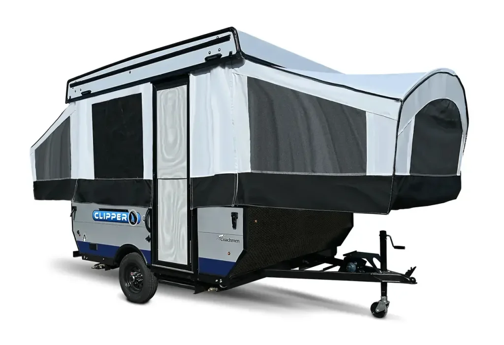 A product image of a compact grey and blue Coachman Clipper Tent Camper with extended sleeping spaces.