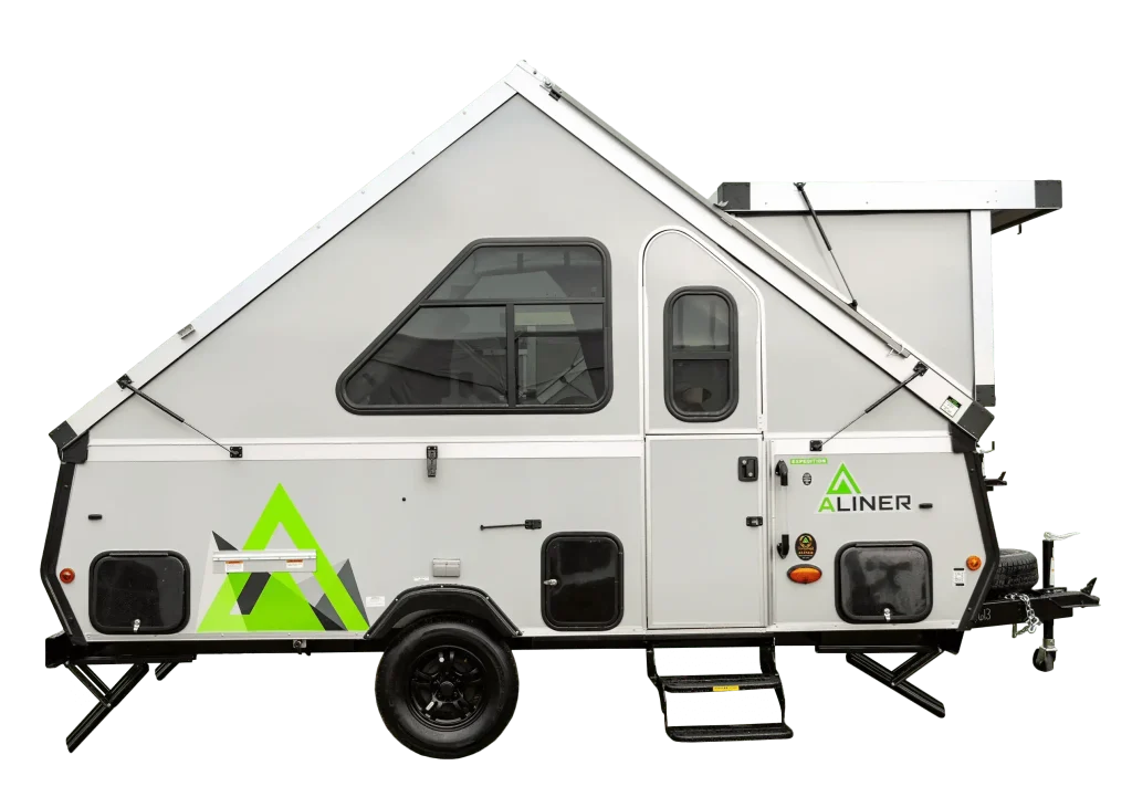 A product image of a light gray A-frame Aliner Expedition: our top pick for for a luxury tent trailer model.