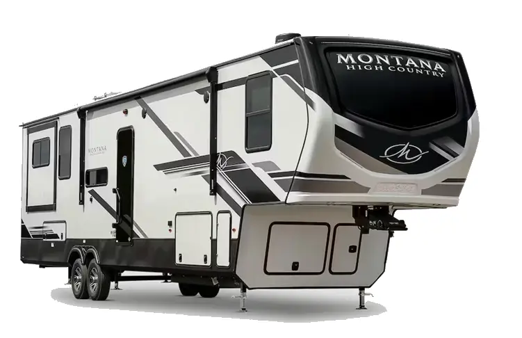 A Montana High County by Keystone with black and grey graphics is the most affordable fifth wheel. 