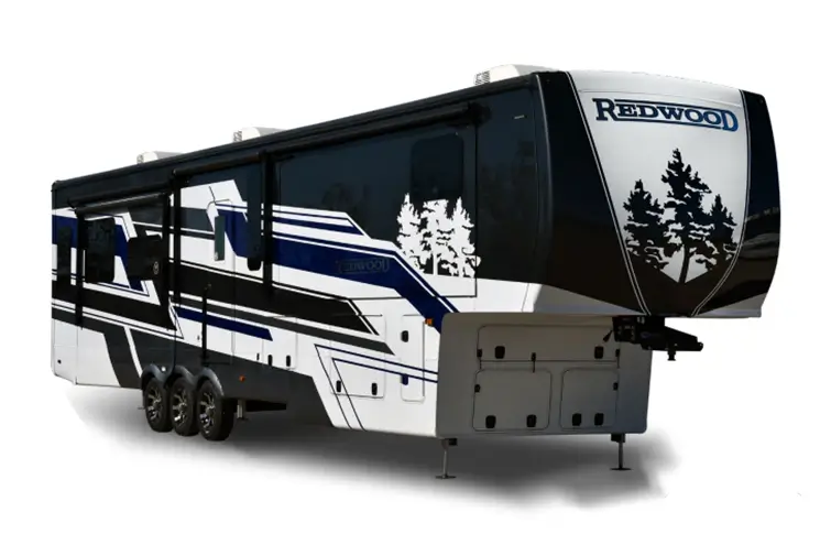 Product Image of a CrossRoads Redwood fifth wheel with painted-on black and white trees is the most valuable on the market.