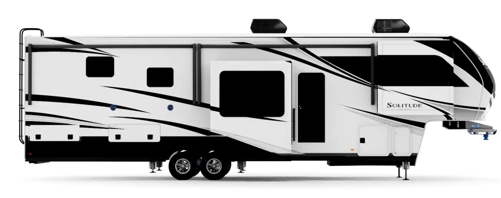 A  white Grand Design Solitude with black graphics is our pick for best overall fifth wheel.