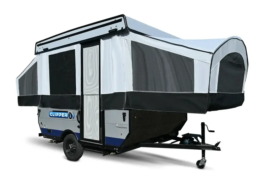 A product image of a compact grey and blue Coachman Clipper Tent Camper with extended sleeping spaces.