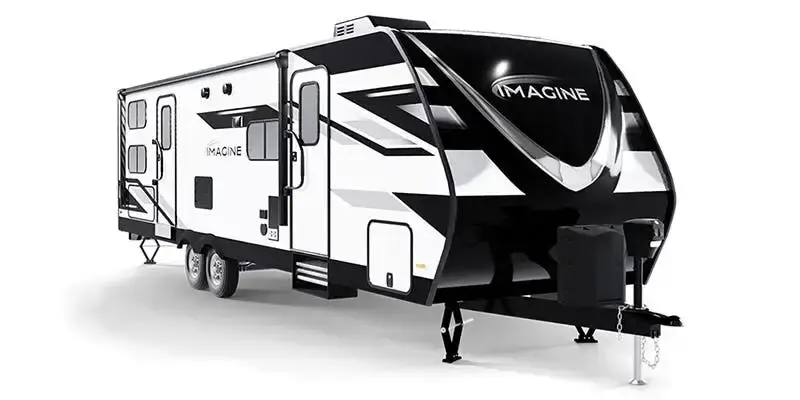 A product image of a white Grand Design travel trailer with black and light grey graphics represents the best overall travel trailer on our list.