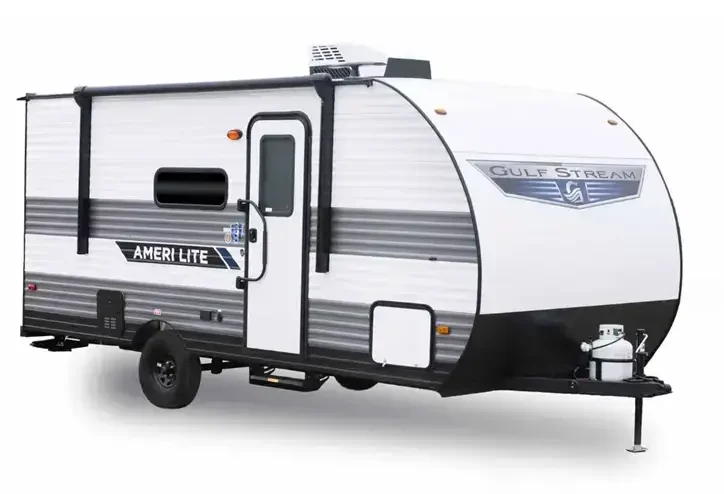 A product image of the most affordable travel trailer by Gulf Stream, featuring the company crest on the front.