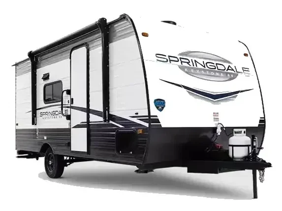 A product image of a travel trailer by Keystone RV, best known for its entry-level designs featuring black and light grey graphics.